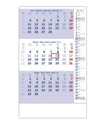 Nástěnný kalendář Tříměsíční modrý s poznámkami 2019