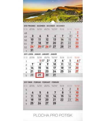 Nástěnný kalendář 3 měsíční krajina šedý – s českými jmény 2019