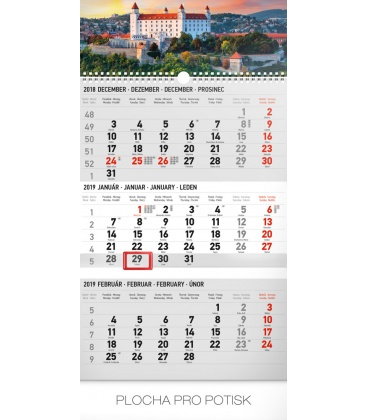 Nástěnný kalendář 3 mesačný Bratislava šedý – so slovenskými menami SK 2019