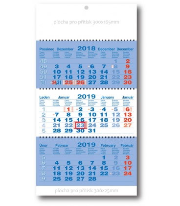 Wall calendar 3monthly working fluted - spiral - blue  2019