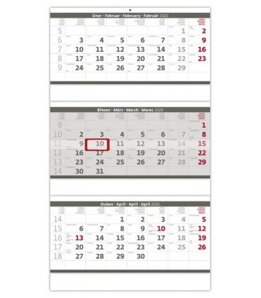 Wall calendar Grey 3 monthly - folded / Tříměsíční skládaný šedý 2020