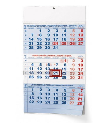Nástěnný kalendář Tříměsíční - A3 (s mezinárodními svátky) - modrý 2021