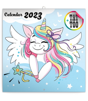 Nástěnný kalendář poznámkový Šťastní jednorožci s tetováním 2023