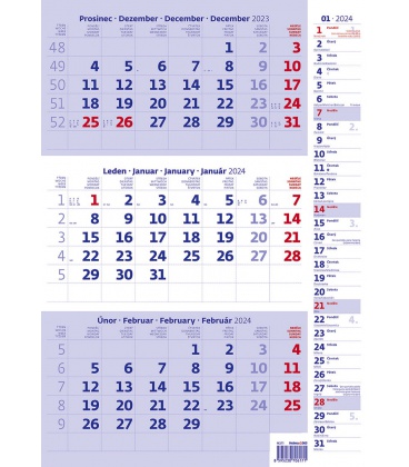 Nástěnný kalendář Tříměsíční modrý s poznámkami 2024