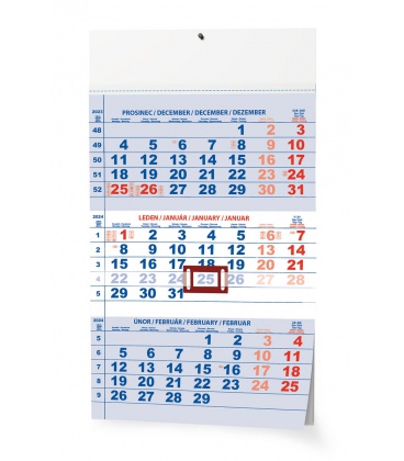 Nástěnný kalendář Tříměsíční - A3 (s mezinárodními svátky) - modrý 2024